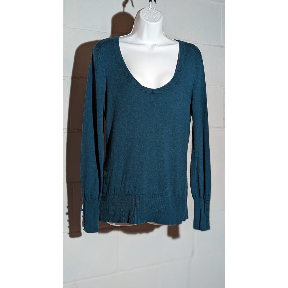 Ann Taylor Loft Teal Blue Long Sleeve Knit Top Sweater Scoop Neck Medium